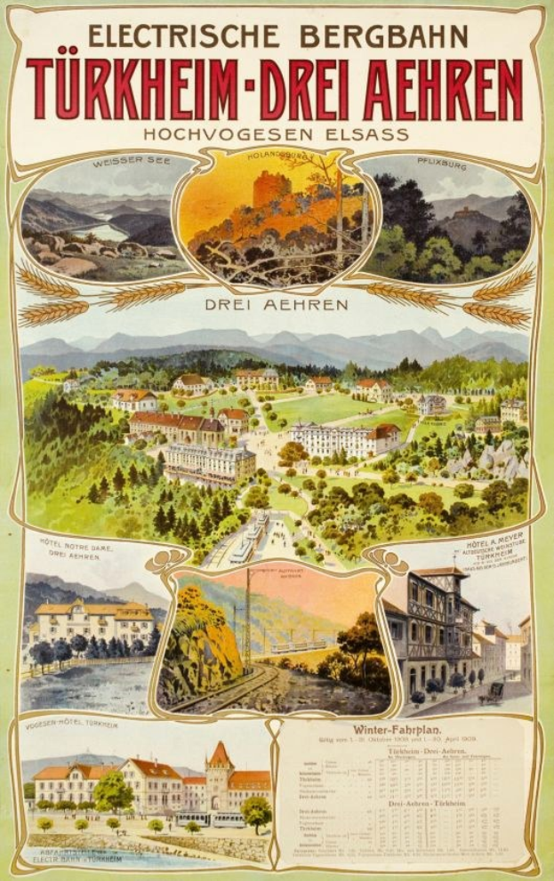 Plakat bewirbt Bergbahn, Deutschland als elektrischen Stadtstaat, zeigt Gebäude, Bäume, Hügel und beschreibenden Text.