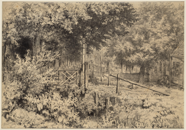 Ein bewaldetes Gebiet mit Bäumen, Pflanzen, Gras, einem hölzernen Zaun und einem Haus im Hintergrund, mit Text am unteren Rand des Bildes.