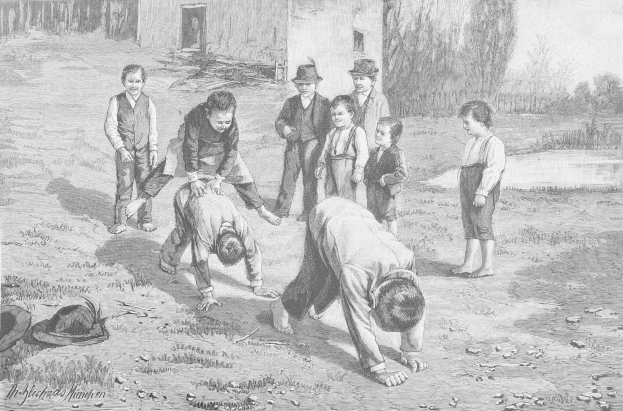 Schwarz-weißes Bild von Kindern, die in einem Feld spielen, mit zwei Jungen, die in der Mitte kämpfen, während die anderen zuschauen, und einem Hut und Text auf der linken Seite.