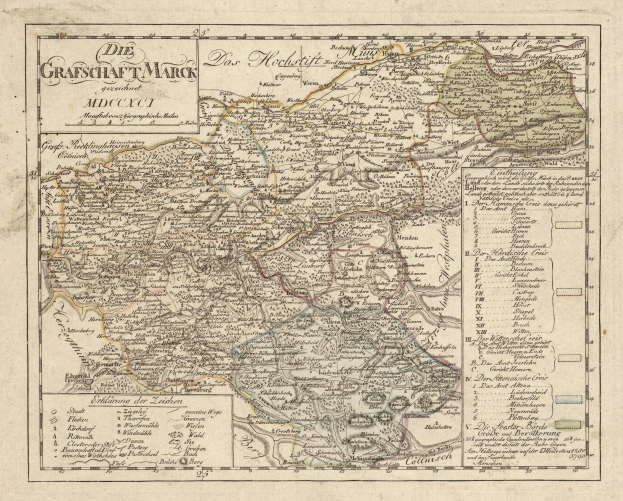 Ein detaillierter alter Stadtplan von München, Deutschland, mit Straßen, Parks und Sehenswürdigkeiten, mit detaillierten Straßen, Flüssen und Bergen, umgeben von einem dekorativen Rahmen und in Blau-, Grün- und Gelbtönen gehalten.