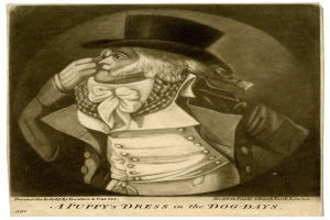 Ein Mann in einem hellblauen Kleid mit weißem Kragen, Manschetten und Fliege, der einen Zylinder trägt, steht mit verschränkten Händen und einem leichten Lächeln da und schaut in die Ferne; der Text unten lautet "Ein Hundekleids in den Hundstagen."