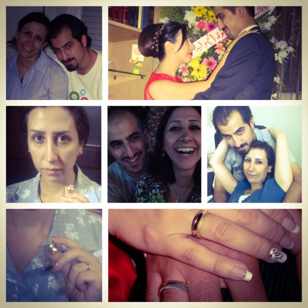 Eine Collage von Fotos, die einen Mann und eine Frau mit Eheringen zeigen, umgeben von Blumenarrangements und dekorativen Elementen.