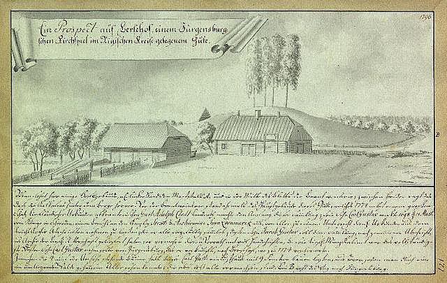Ein verblichenes Dokument mit der Überschrift "Surgensburg, Deutschland - Landschaft einer Farm", das eine Farm in einem Feld umgeben von Häusern, Bäumen und einem Himmel zeigt.
