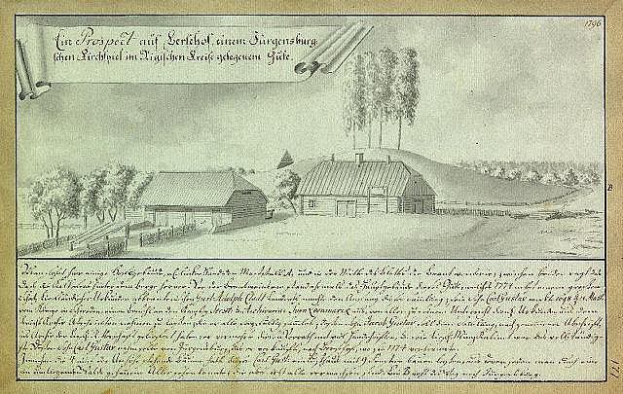 Ein verblichenes Dokument mit der Überschrift "Surgensburg, Deutschland - Landschaft einer Farm", das eine Farm in einem Feld umgeben von Häusern, Bäumen und einem Himmel zeigt.
