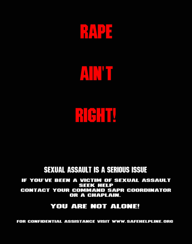 Plakat mit fettem schwarzem Text auf einem weißen Hintergrund, der 'Rape Ain't Right: Sexual Assault is a Serious Issue' ändert, eingerahmt von einem schwarzen Rand.