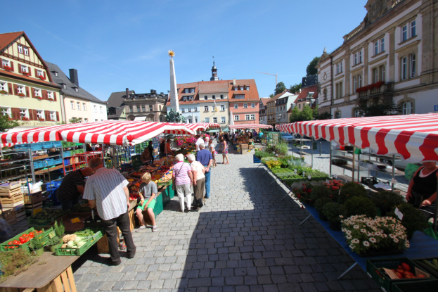 Ein belebter Markt im historischen Zentrum von Heidelberg, Deutschland, mit Menschen, die gehen, auf Bänken sitzen und in der Nähe von Zelten, Tischen mit Körben voller Gemüse und Gebäuden mit Fenstern im Hintergrund unter einem klaren blauen Himmel.