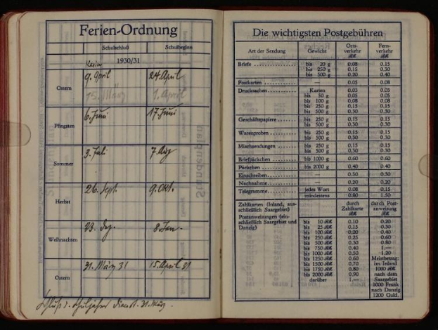 Offenes Buch mit schwarzem Hintergrund, das Text und Zahlen anzeigt, identifiziert als deutscher postalischer Rekord von 1930.