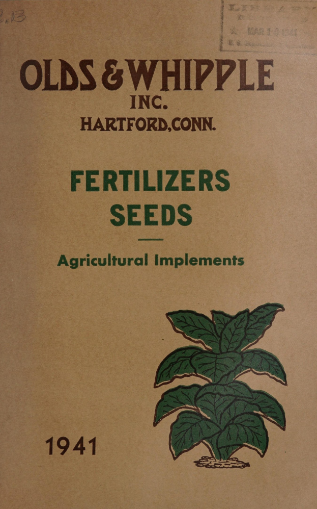 Altes Buchcover aus dem Jahr 1941 mit einer grünen Pflanzenillustration und Text über Düngemittel, Samen und landwirtschaftliche Geräte.