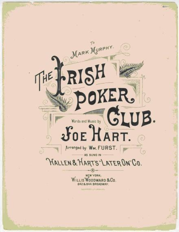 Ein gerahmtes Poster mit 'The Irish Poker Club' in fetter schwarzer Schrift auf einem weißen Hintergrund, umrandet von einer dünnen schwarzen Linie, mit einer bunten Kleeblatt-Illustration.