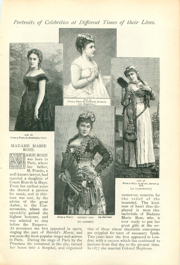 Ein altes Buch mit dem Titel "Porträts von Prominenten zu verschiedenen Zeiten ihres Lebens", das eine Frau in einem hochgeschlossenen, langärmeligen Kleid mit einem Dutt zeigt.