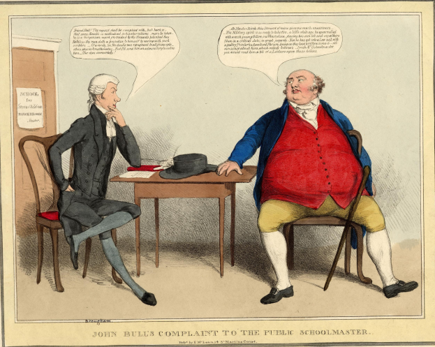 Zwei Personen sitzen einander gegenüber an einem Tisch mit einem Hut und Papieren, während eine Tür und ein wandmontiertes Papier im Hintergrund sichtbar sind.