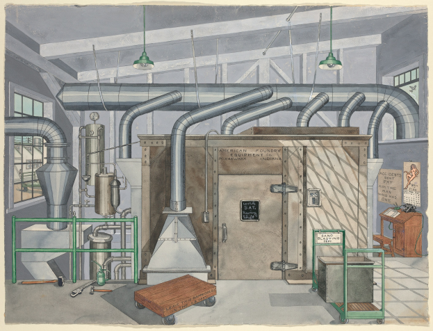 Ein detailliertes industrielles Zeichnung eines Fabrikinneren mit Maschinen, Rohren, einem Karren, Möbeln, Fenstern und einem Schild mit der Aufschrift "American Foundry Equipment Co, Indiana".