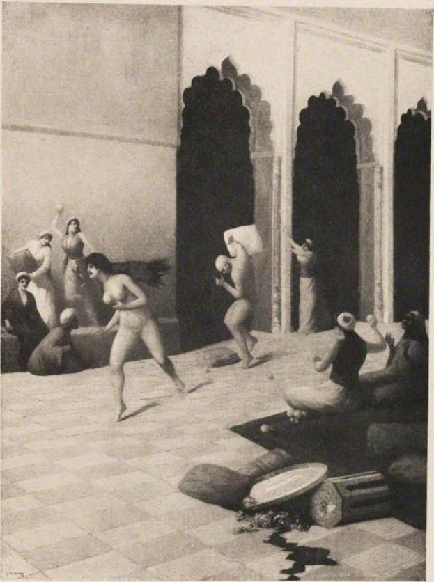 Schwarz-weiß-Zeichnung einer Gruppe von Menschen in einem Raum mit einer Wand und Säulen im Hintergrund, betitelt "Gustav Klimt - Der Tanz der Nymphen" unten.