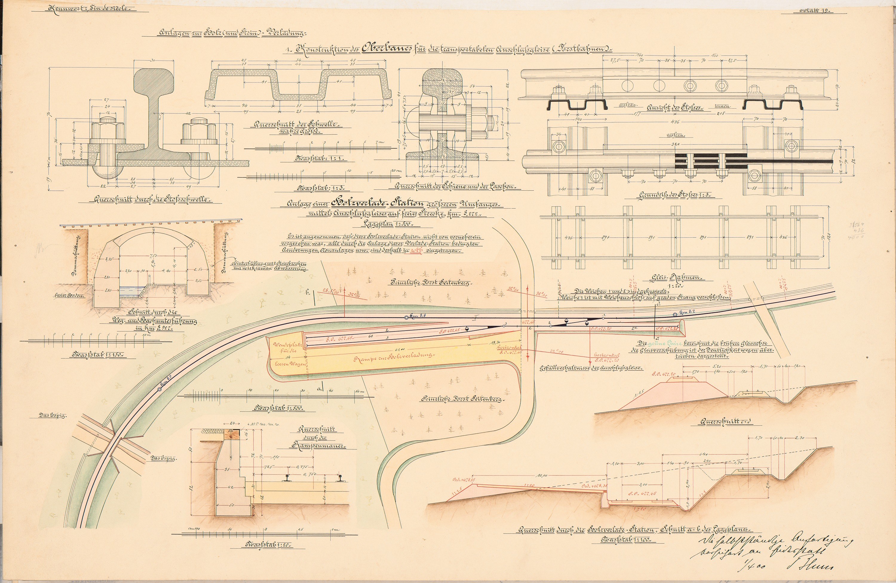 Ein detailliertes Bild einer alten Buchseite mit einer Eisenbahnillustration und ausführlichem Text über einen Eisenbahnplan.