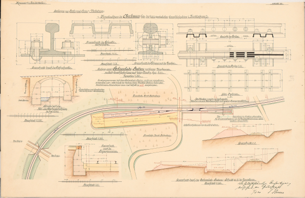 Ein detailliertes Bild einer alten Buchseite mit einer Eisenbahnillustration und ausführlichem Text über einen Eisenbahnplan.