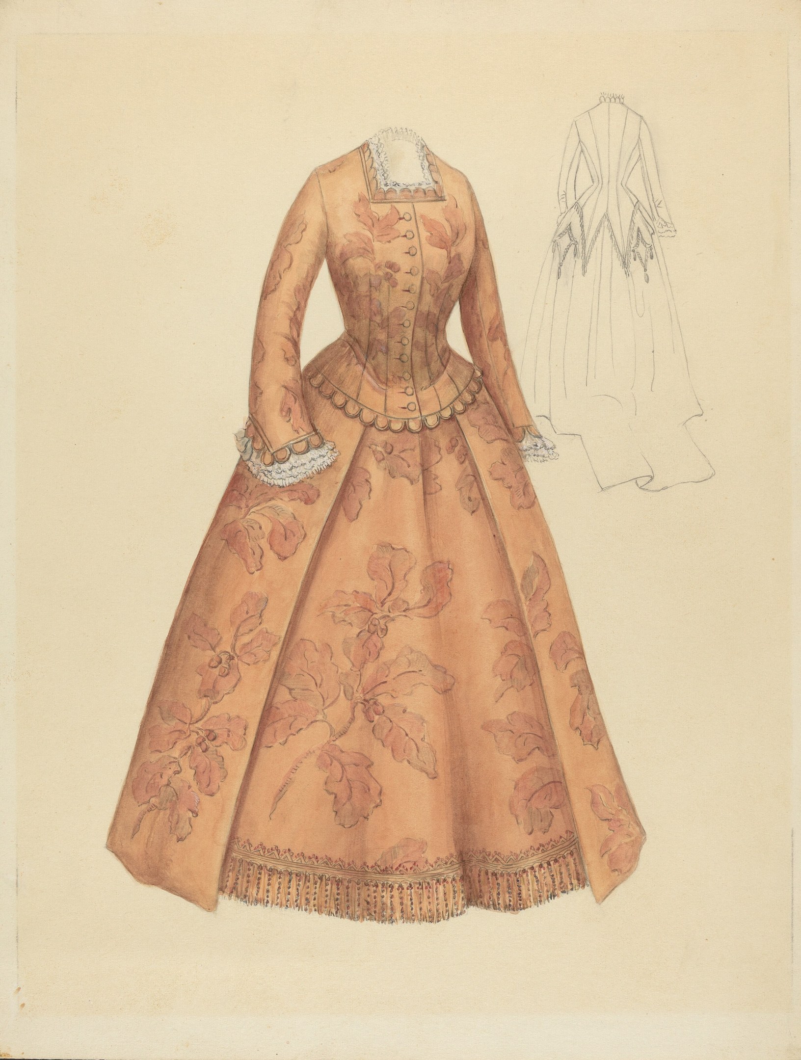 Ausführliches 18. Jahrhundert Kostümdesign einer bodenlangen Robe mit hohem Halsausschnitt, mit einem floral gemusterten Mieder in Rosa, Lila und Blau und einem Spitzenbesetzten Rock vor einem hellblauen Hintergrund.