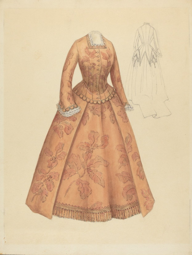 Ausführliches 18. Jahrhundert Kostümdesign einer bodenlangen Robe mit hohem Halsausschnitt, mit einem floral gemusterten Mieder in Rosa, Lila und Blau und einem Spitzenbesetzten Rock vor einem hellblauen Hintergrund.