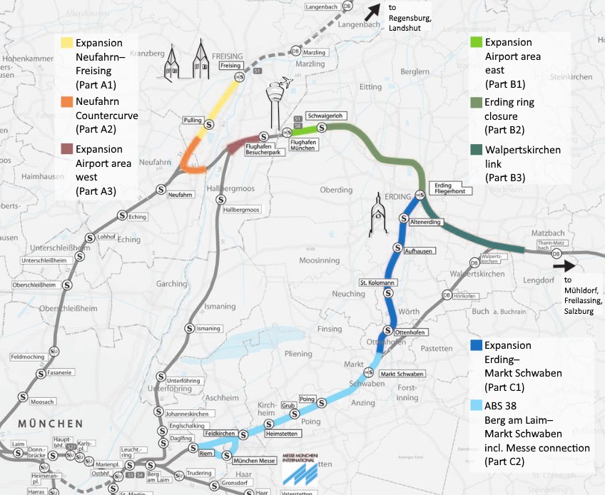 Ein detaillierter Stadtplan, der die Bahnroute von München nach Frankfurt mit markierten Haltestellen, Umgebung und zusätzlichen Bahninformationen hervorhebt.