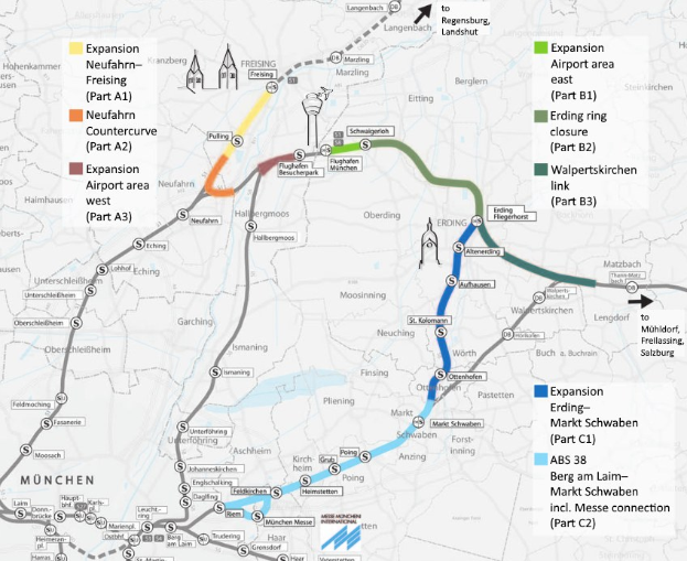 Ein detaillierter Stadtplan, der die Bahnroute von München nach Frankfurt mit markierten Haltestellen, Umgebung und zusätzlichen Bahninformationen hervorhebt.