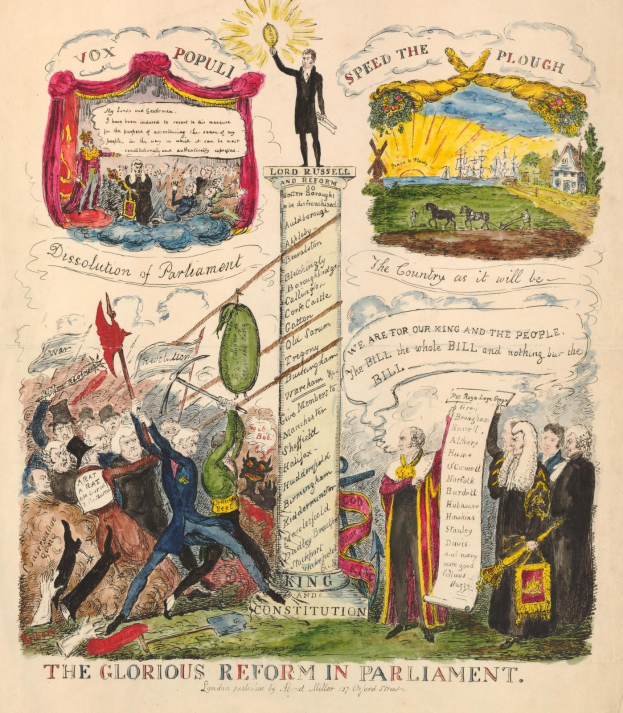 Ein buntes illustriertes Dokument mit der Überschrift "Die glorreiche Reform im Parlament", das fette Schrift und verschiedene strahlende Menschen zeigt, die Hoffnung und Fortschritt symbolisieren.