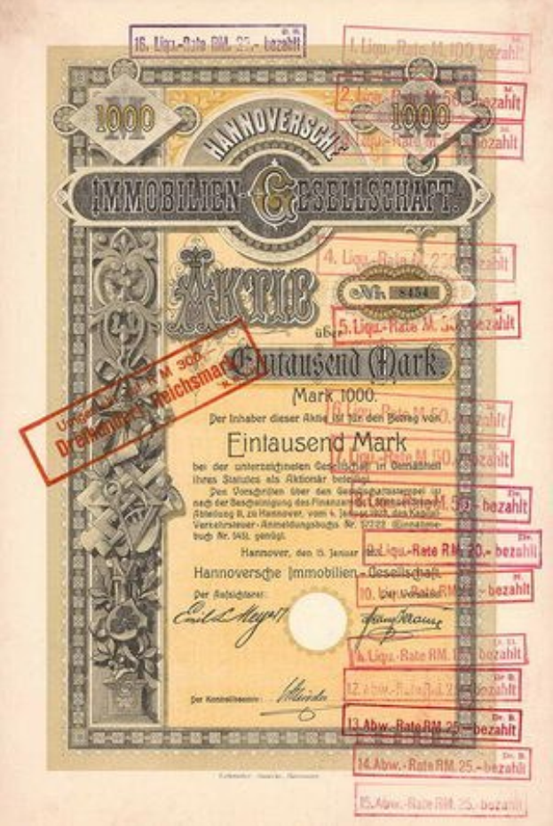 Alter deutscher Regierungskurs mit rotem Stempel, gedrucktem Text und numerischen Markierungen auf altem Papier.