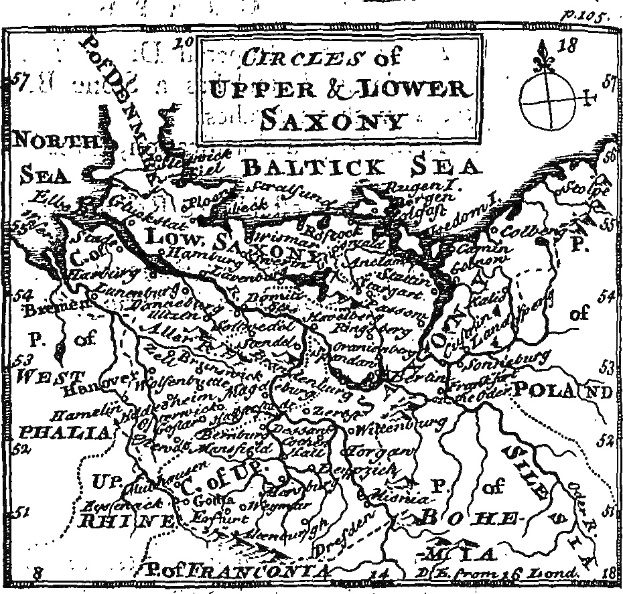 Schwarz-weiß-Karte von Ober- und Niedersachsen, die geographische Merkmale wie Flüsse, Berge und Städte zeigt, mit zusätzlichen Textannotationen.