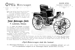 Eine Schwarz-Weiß-Anzeige für einen Opel Motorwagen, die ein Bild des Fahrzeugs mit Text zeigt.