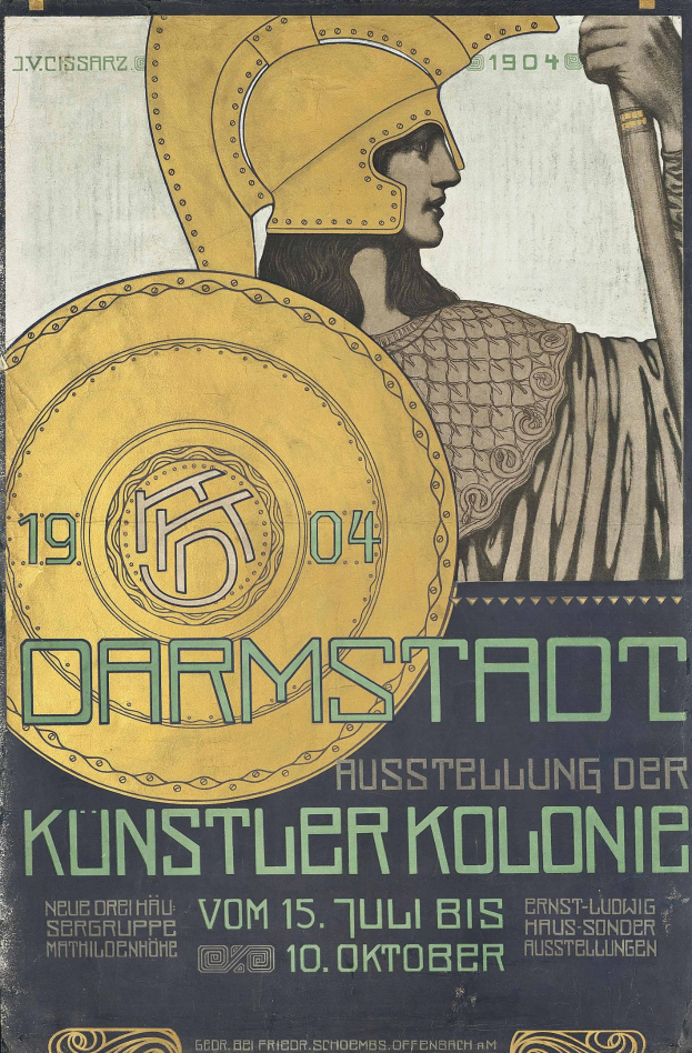 Plakat für ein 1904er Berlin-Konzert mit einem Helmträger, der ein Schild hält, mit «Darmstadt» und «Künstler Kolonie» in fetter Schrift.