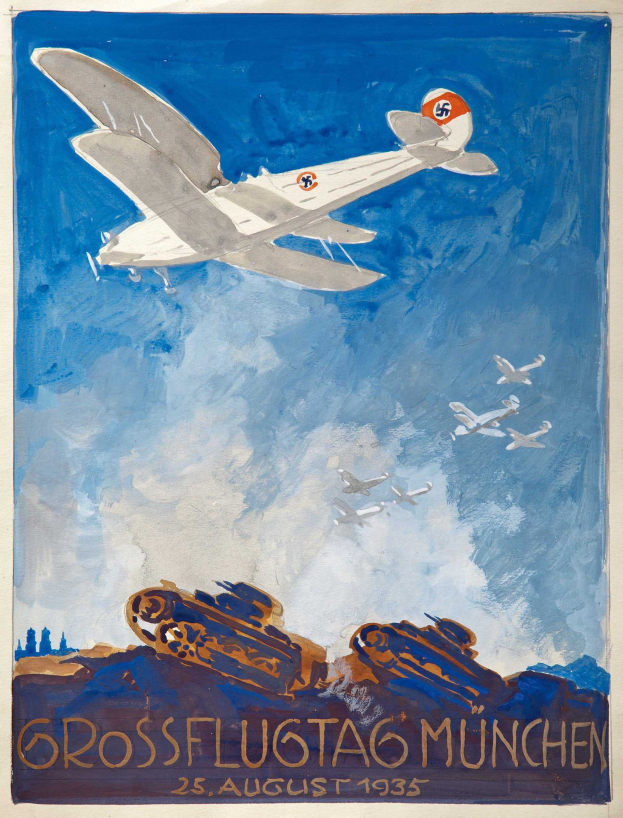 Plakat, das den "Großflugtag München" am 25. August 1935 ankündigt, mit einem Flugzeug, das durch den Himmel fliegt und andere Flugzeuge im Hintergrund.