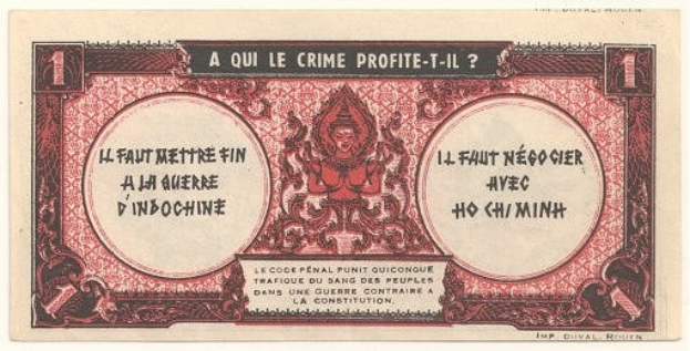 Alte französische Banknote mit einem strengen Mann in einem Anzug mit der Aufschrift "A qui le crime profite-il?" auf einem weißen Hintergrund mit einem schwarzen Rand.