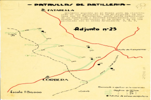 Ein detailliertes Papier mit einer Karte der Patrullas de Artilleria, das Straßen, Gebäude, Landmarken und Texte mit Namen von Städten und Dörfern zeigt.