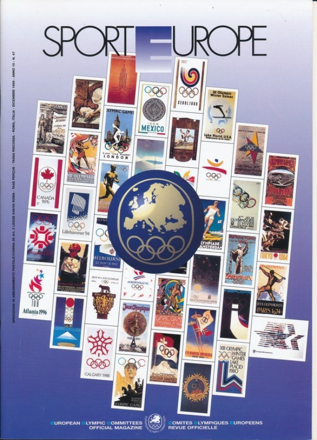 Ein Buchumschlag mit dem Titel "Sporting Europe", der farbenfrohe olympische Motive, Texte und Symbole zeigt.