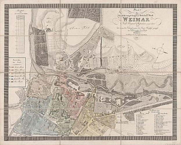 Alte detaillierte Karte von Weimar, Deutschland, die Stra{ße}, Geb"{a}ude und Landmarken mit begleitendem Text zeigt.