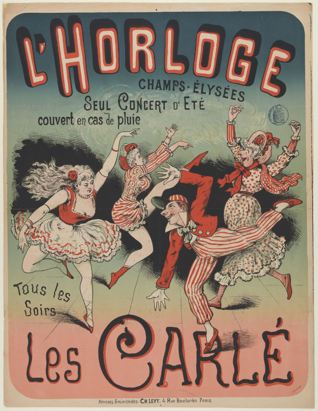 Plakat für ein Konzert im Chorlage in Paris mit einer Gruppe von Menschen, die in bunten Kostümen tanzen und strahlende Gesichter haben, umgeben von fetter Schrift auf einem gelben Hintergrund.
