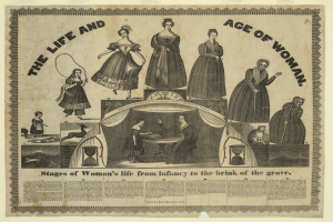 Eine farbenfrohe Papierreproduktion, die die Lebensphasen von Frauen von der Kindheit bis ins hohe Alter zeigt, mit fetter Schrift und detaillierten Elementen.