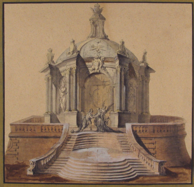 Zeichnung einer klassizistischen Brunnenanlage mit einer Statue darauf, eingerahmt von Treppen und umgeben von Skulpturen innerhalb eines dekorativen Rahmens.