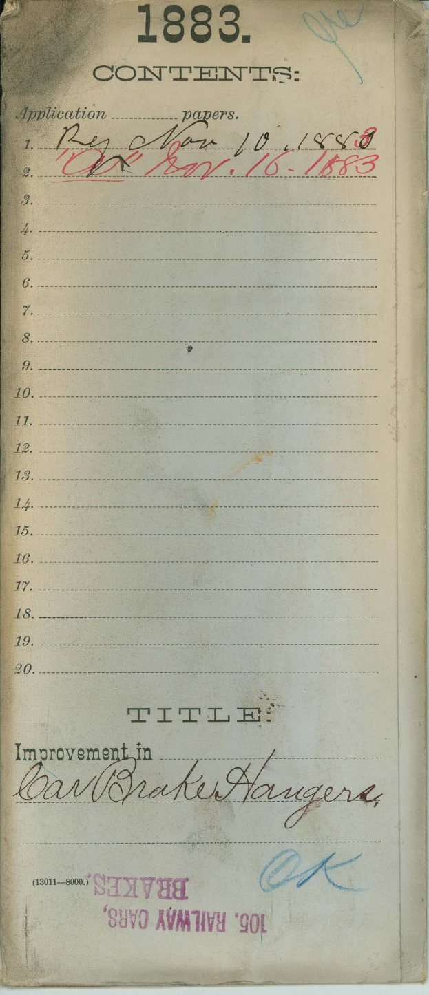 Offenes Buch mit dem Titel "Verbesserung der Bremsen an Eisenbahnwagen" aus dem Jahr 1883, das eine Liste von Gegenständen auf einer gedruckten Seite zeigt.