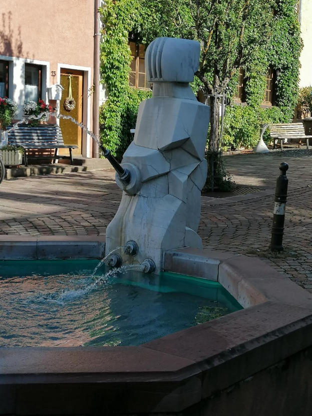 Ein Stadtplatzbrunnen umgeben von Gebäuden, Bäumen, Bänken und Blumenkübeln, mit Wasser im Brunnenbecken.
