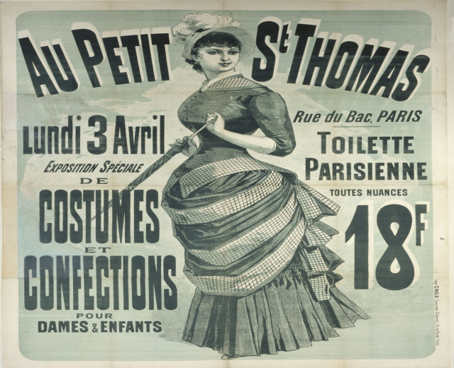 Vintage-Plakat, das eine Kostümvorstellung mit einer Frau in einem langen, hochgeschlossenen, langärmeligen Kleid mit einem Dutt bewirbt.