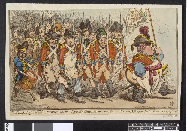 Gruppe von Männern in Militäruniformen marschiert auf einer Straße, einer hält einen Stock in der Hand, mit Text unten: 'Ergänzender Militäreinsatz, Ausmarsch für zwanzig Tage Vergnügen'.