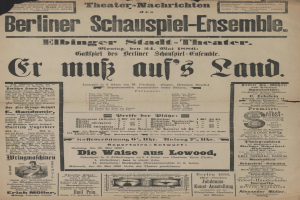 Eine alte Zeitungsannonce aus dem Jahr 1866 für das Berliner Schauspiel-Ensemble, die einen Mann in Anzug und Krawatte zeigt.