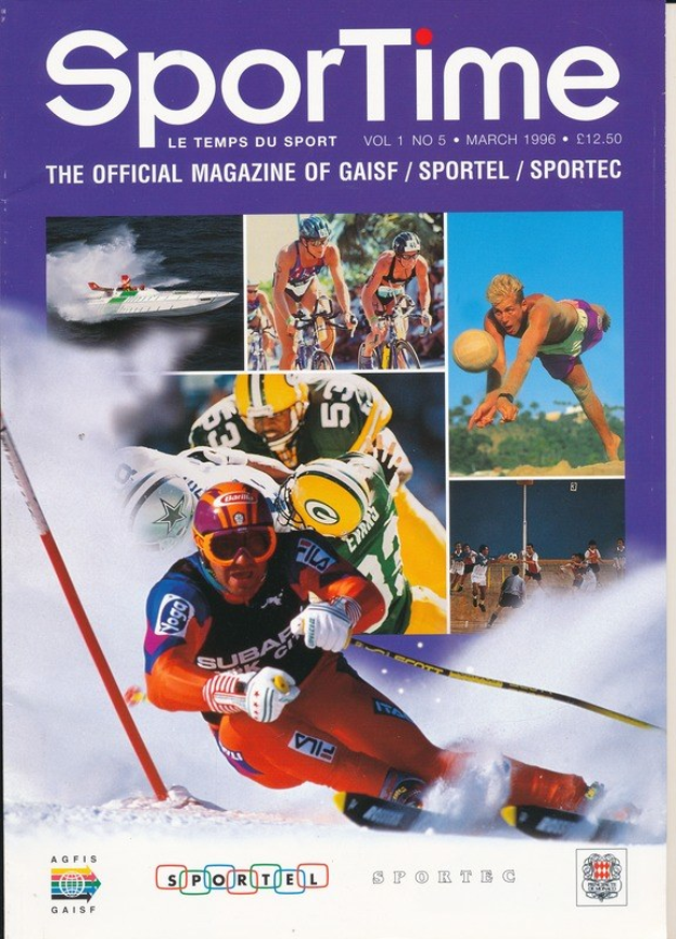 Ein Magazin-Cover mit der Überschrift "Sporttime Magazine - März 1996" mit Bildern von Skifahren und Snowboarden neben Text und Logos.