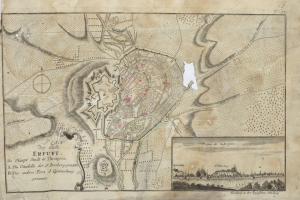 Ein detaillierter alter Stadtplan von Erfurt, Deutschland, mit Stra√en, Gebäuden und Landmarken sowie begleitendem Text und Illustrationen.