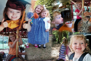 Ein Collage mit Vergnügungsparkfahrzeugen, einem Tisch mit Lebensmitteln einschließlich einer Tasse und einem Löffel, verschiedenen Gegenständen, Lichtern, einer Wand, Büschen, Bäumen, Gras, einem Seil und einem Hut.