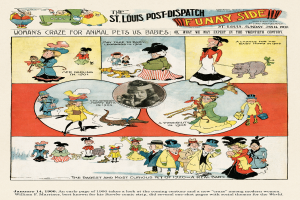 Eine Zeitungsseite aus der St. Louis Post-Dispatch Funny Side mit farbenfrohen, humorvollen Illustrationen von Menschen, Tieren und Gegenständen mit unterhaltsamem Text.