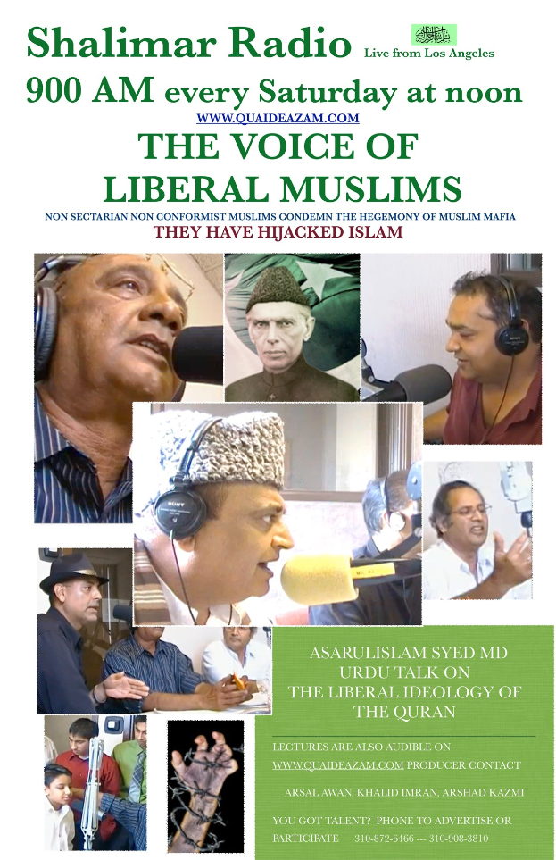 Plakat wirbt für 'Die Stimme der liberalen Muslime' - Radio-Show mit Bildern von Menschen mit Headsets und Mikrofonen in Gespräch.