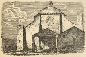 Eine Gravur der Kirche des Heiligen Grabes mit einer Uhr an der Vorderseite, umgeben von Menschen und einem bewölkten Himmel, mit dem Namen der Kirche unten.