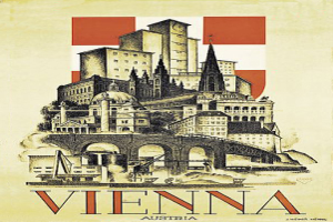 Ein Plakat von Wien, Österreich, das ein paar Gebäude, eine Brücke und Text zeigt, der die Stadt und ihre Sehenswürdigkeiten beschreibt.