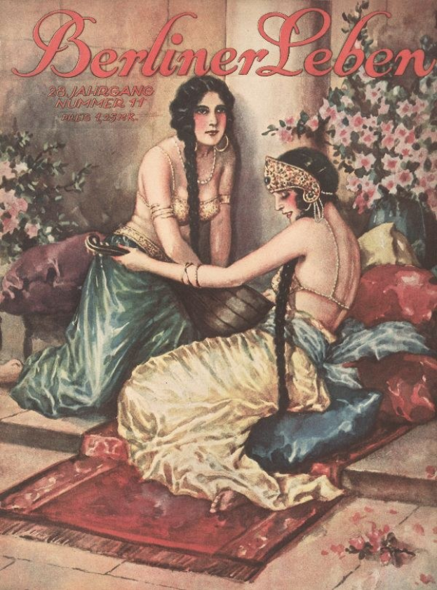Plakat mit zwei Frauen auf einem Bett mit Kissen und Pflanzen, begleitet von Text, der es als Oktober 1931-Cover der Berliner Leben Zeitschrift identifiziert.