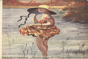 Eine Frau in Bikini und Hut steht vor einem Gewässer mit einem Baum im Hintergrund, mit dem Text "Berliner Leben" auf dem Plakat.